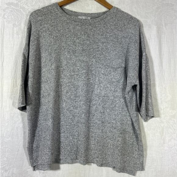 Zara Trafaluc Shirt Small Gray Chest Pocket Sweatshirt Raw Hem Oversized - Picture 1 of 9